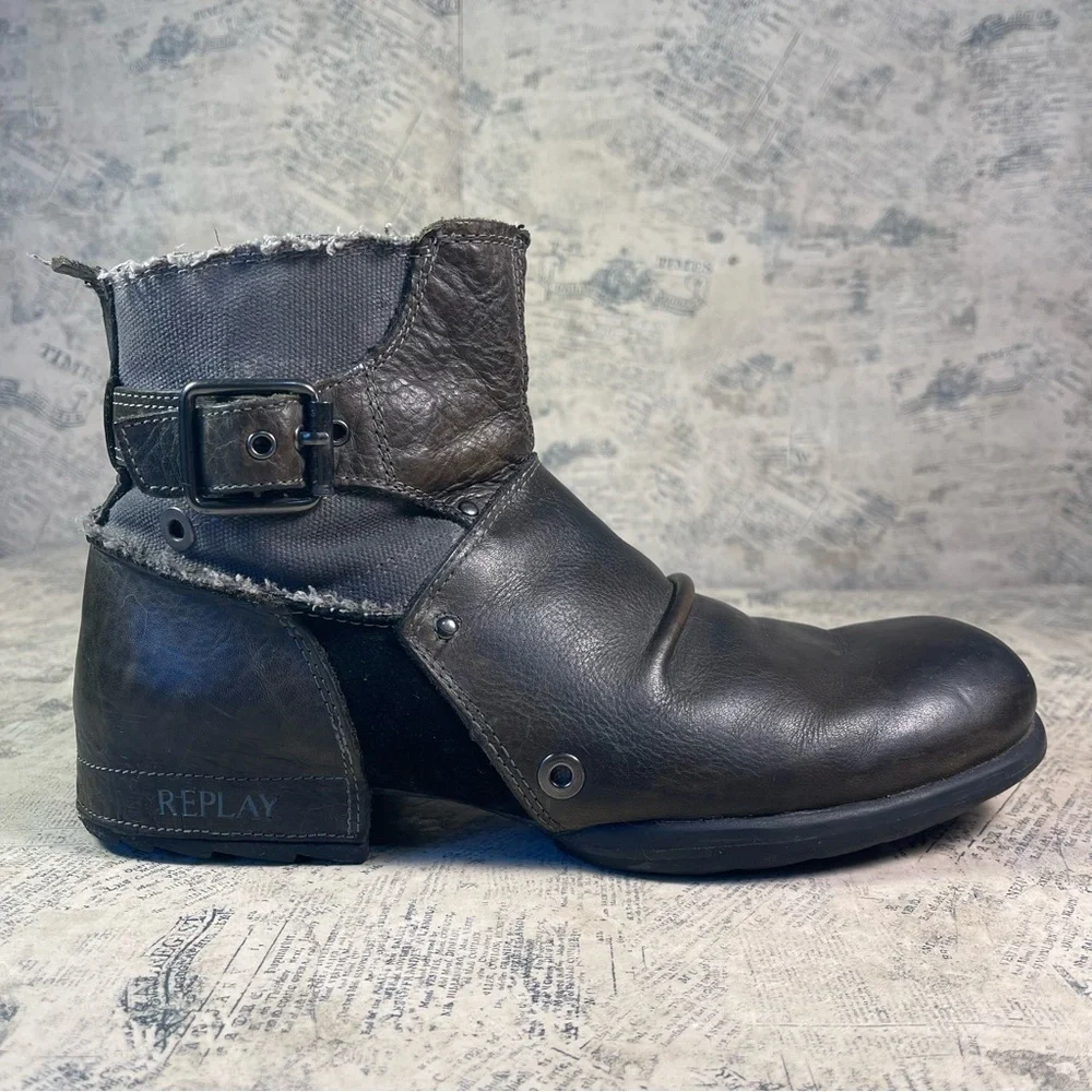Replay Leather & Denim Deconstructed Biker Ankle Boots Zip Side Moto Boots